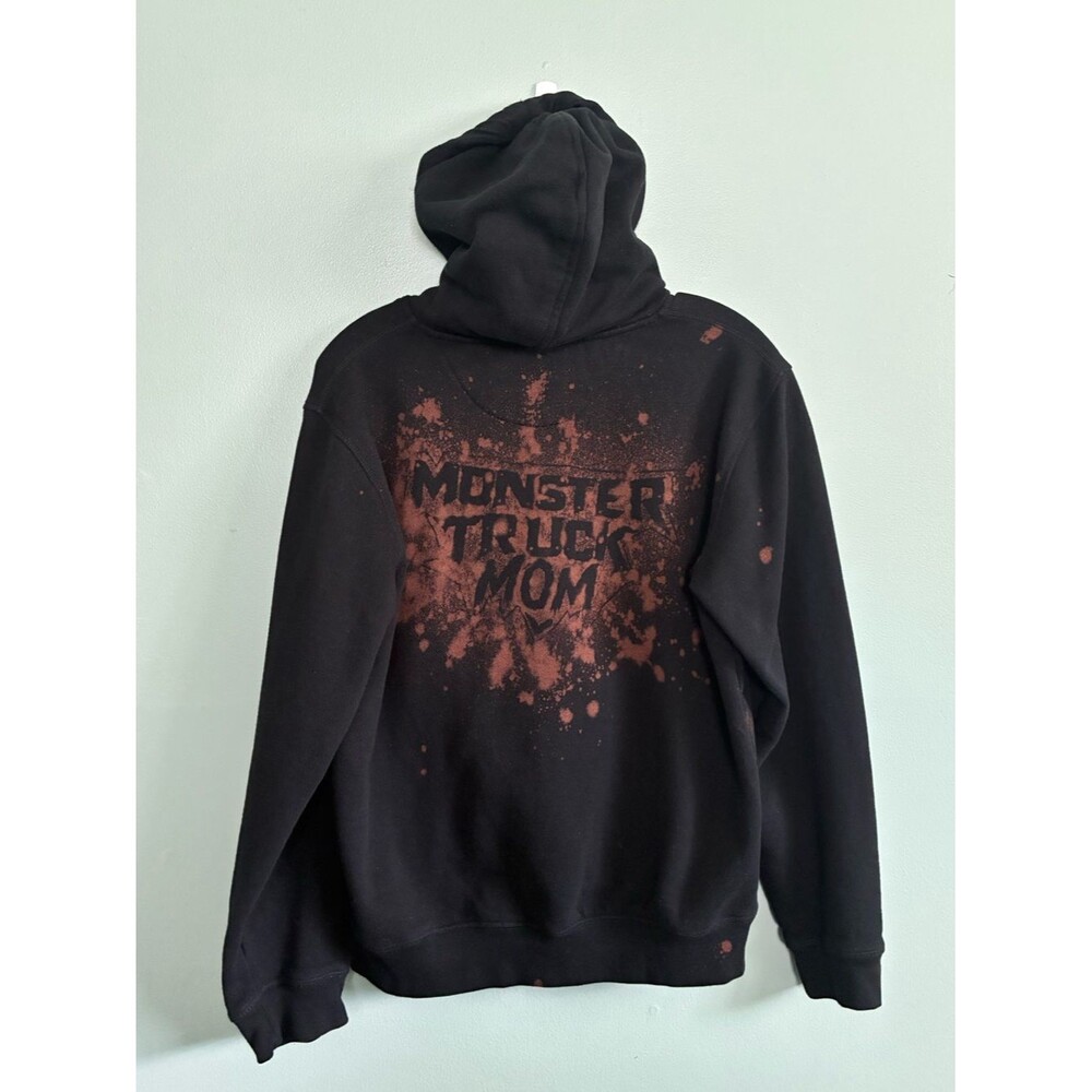 "Monster Truck Mom" Bleached Burnout Black Upcycled Graphic Hoodie Sz L